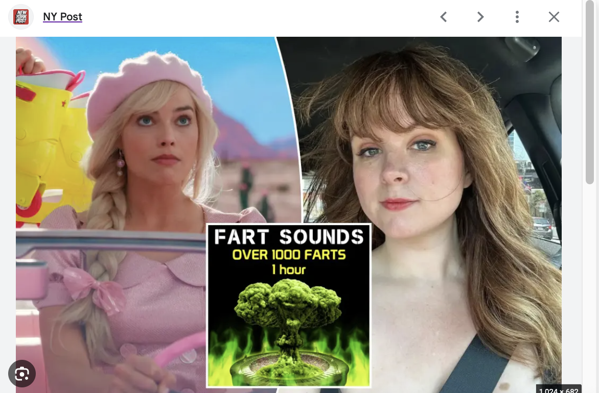 A New York Post article image combining Barbie, a car selfie of Blaire Erskine, and a graphic reading Fart Sounds Over 1000 Farts.